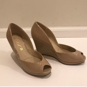 Unisa Faux Leather Peep Toe Wedges Tan Beige